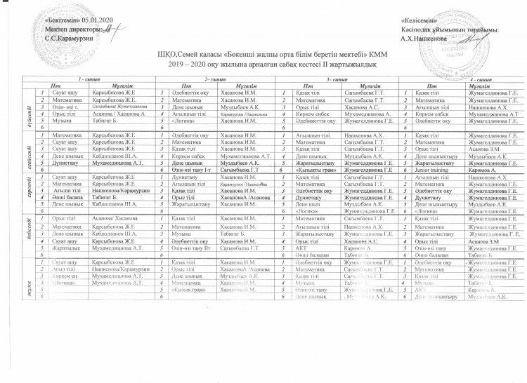 Сабақ кестесі  2019-2020 оқу жылы